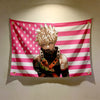 A printed tapestry wall hanging featuring an anime-style character inspired by Bakugo Katsuki, set against a pink and white s