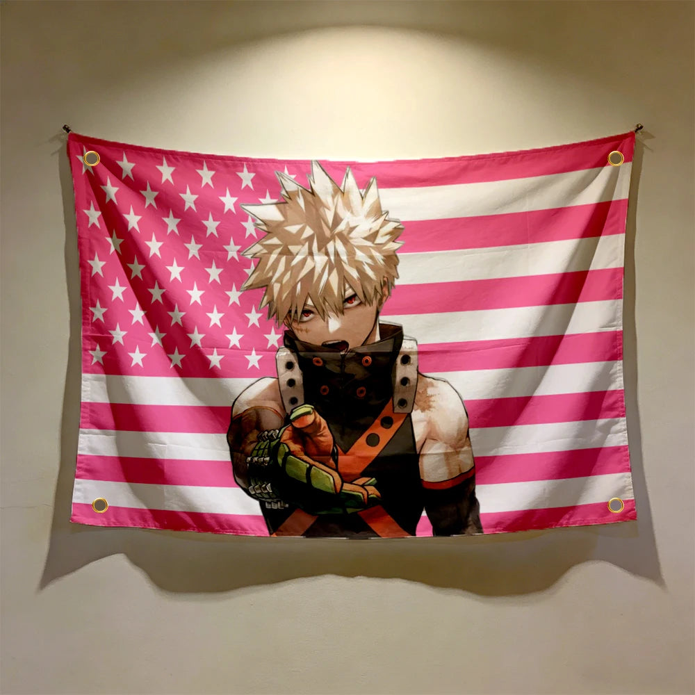 A printed tapestry wall hanging featuring an anime-style character inspired by Bakugo Katsuki, set against a pink and white s
