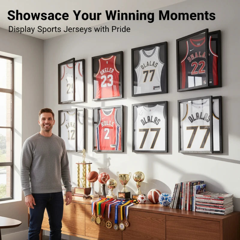 A man stands in a room displaying several framed sports jerseys on the wall.