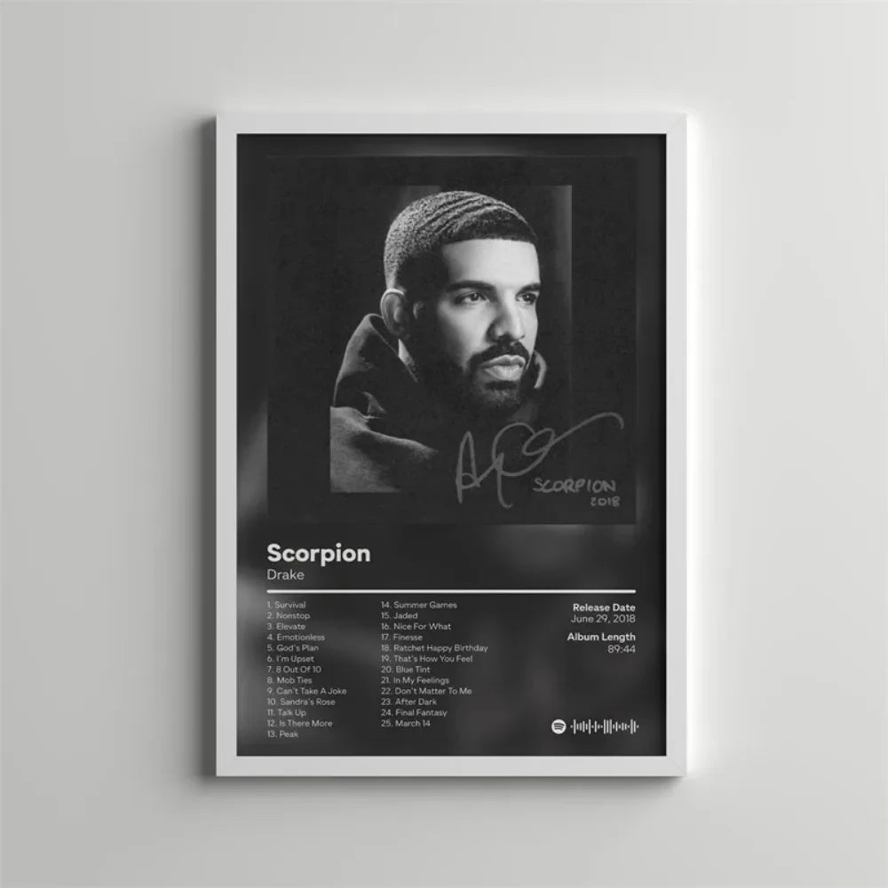 A black and white portrait of Drake on an album cover displayed as wall art.