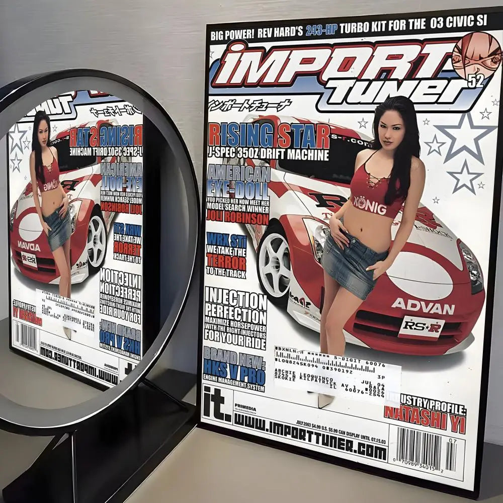 A canvas poster featuring a red sports car and a female model, promoting the IMPORT TUNER brand.
