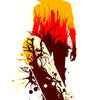 A silhouette of a person holding a skateboard against a vibrant orange and red background.