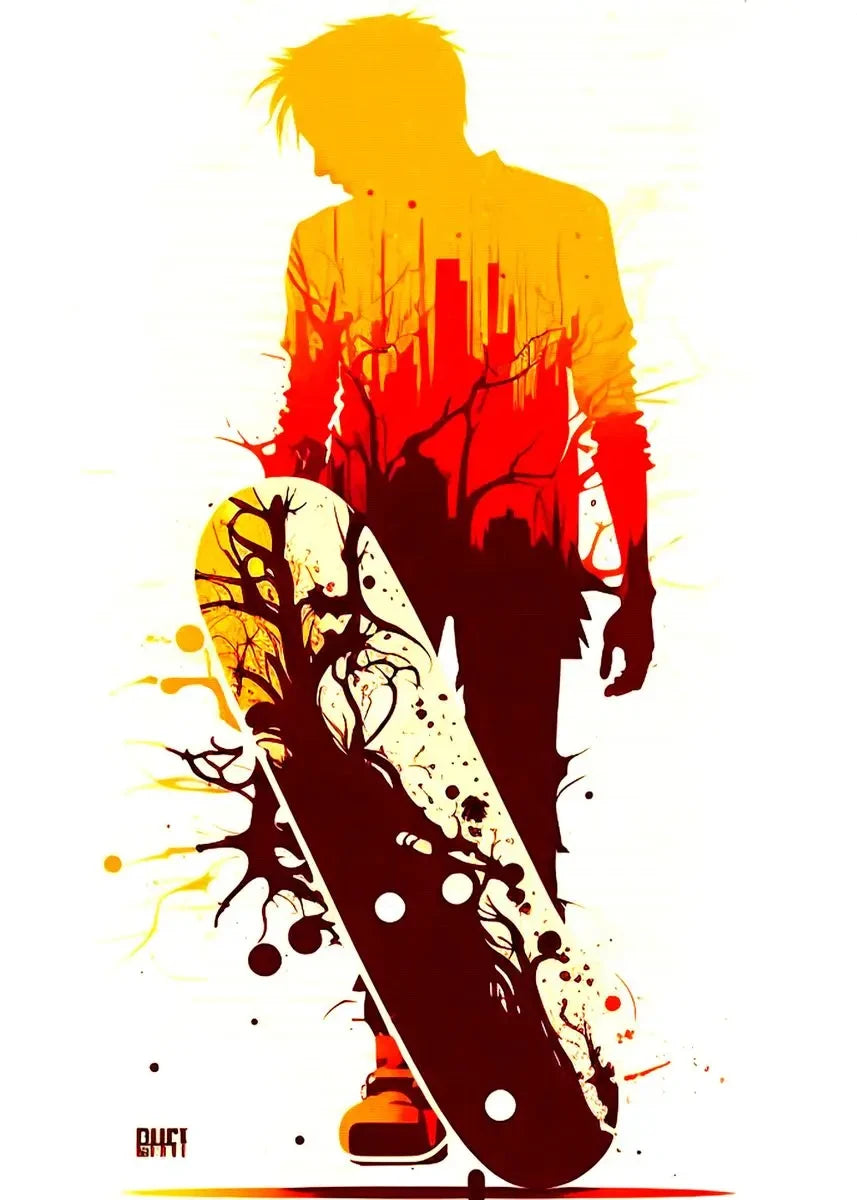 A silhouette of a person holding a skateboard against a vibrant orange and red background.