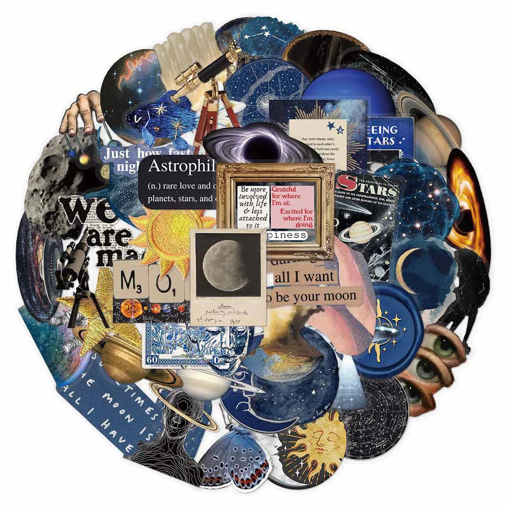 A collection of retro space astronomy decals featuring planets, stars, and celestial bodies.