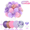 A collection of 52 metallic pearl and confetti balloons in various shades of purple, pink, and gold.