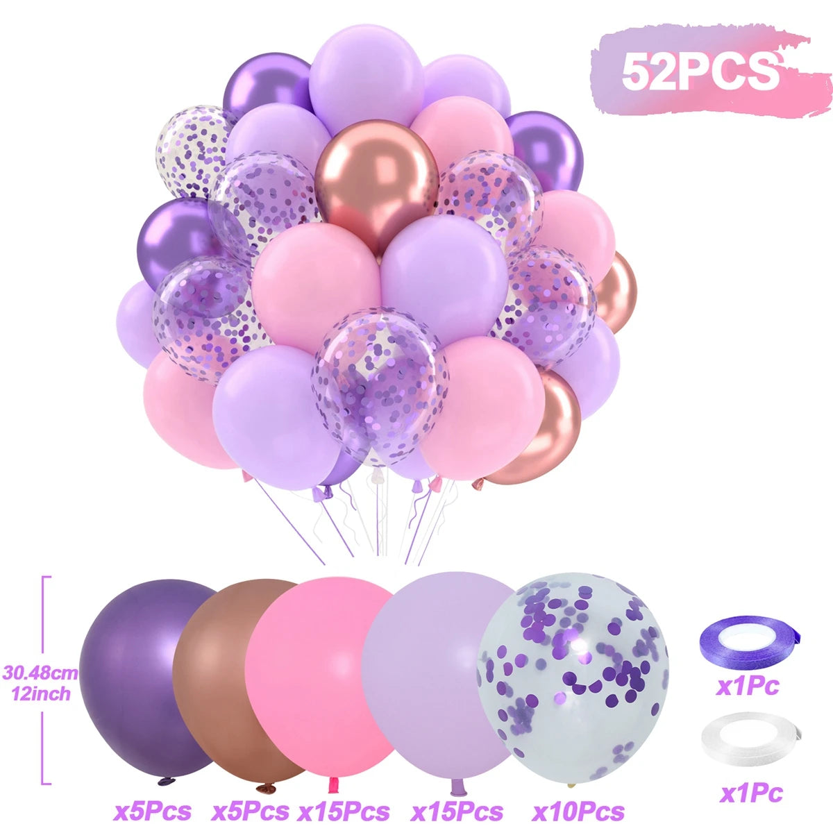 A collection of 52 metallic pearl and confetti balloons in various shades of purple, pink, and gold.