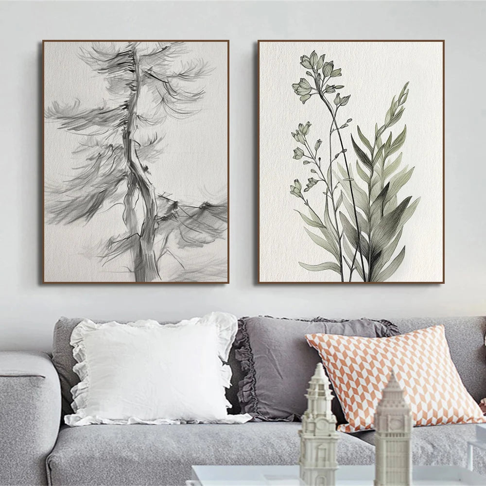 Two framed canvas prints featuring detailed black and gray line drawings of forest animals and foliage.