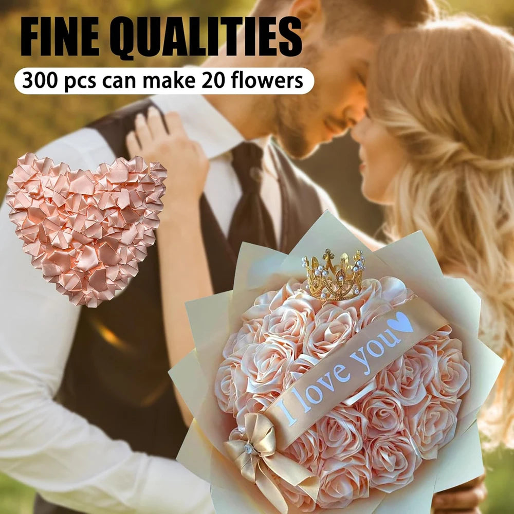 A woman holds a bouquet of pink roses wrapped in satin ribbon with a 'I love you' message, next to a man.