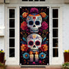 A door cover featuring a sugar skull design with colorful flowers and foliage for Dia de los Muertos