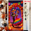 A decorative banner featuring a Mexican-style skeleton and woman in colorful attire framed by orange flowers.