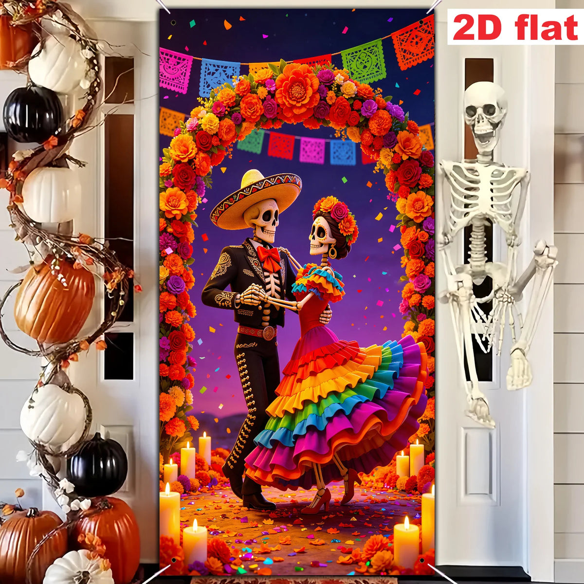 A decorative banner featuring a Mexican-style skeleton and woman in colorful attire framed by orange flowers.