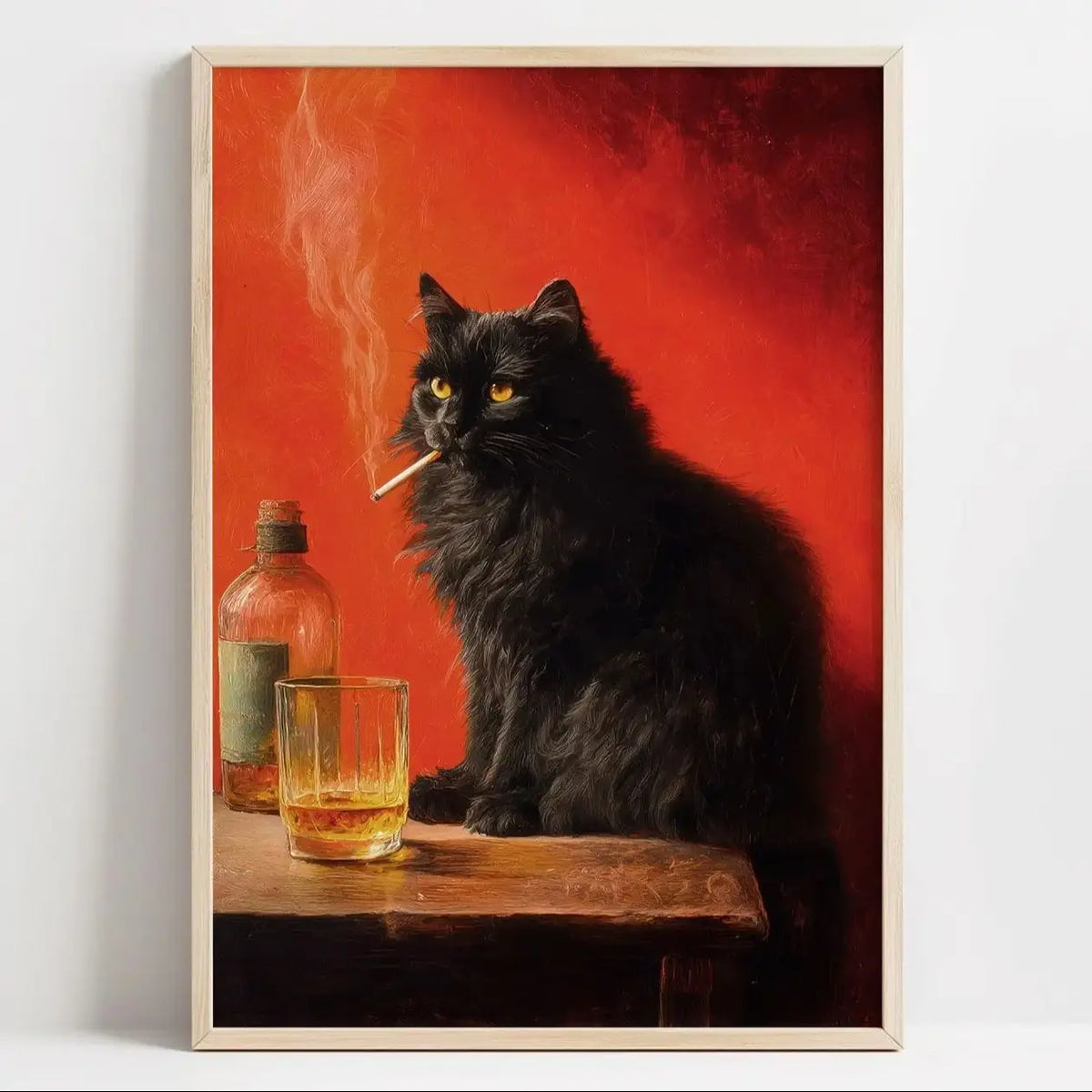 A dark black cat smoking a cigarette against a vibrant red background, displayed as wall art.