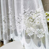 White lace mesh sheer curtain featuring floral embroidery and a rod pocket.