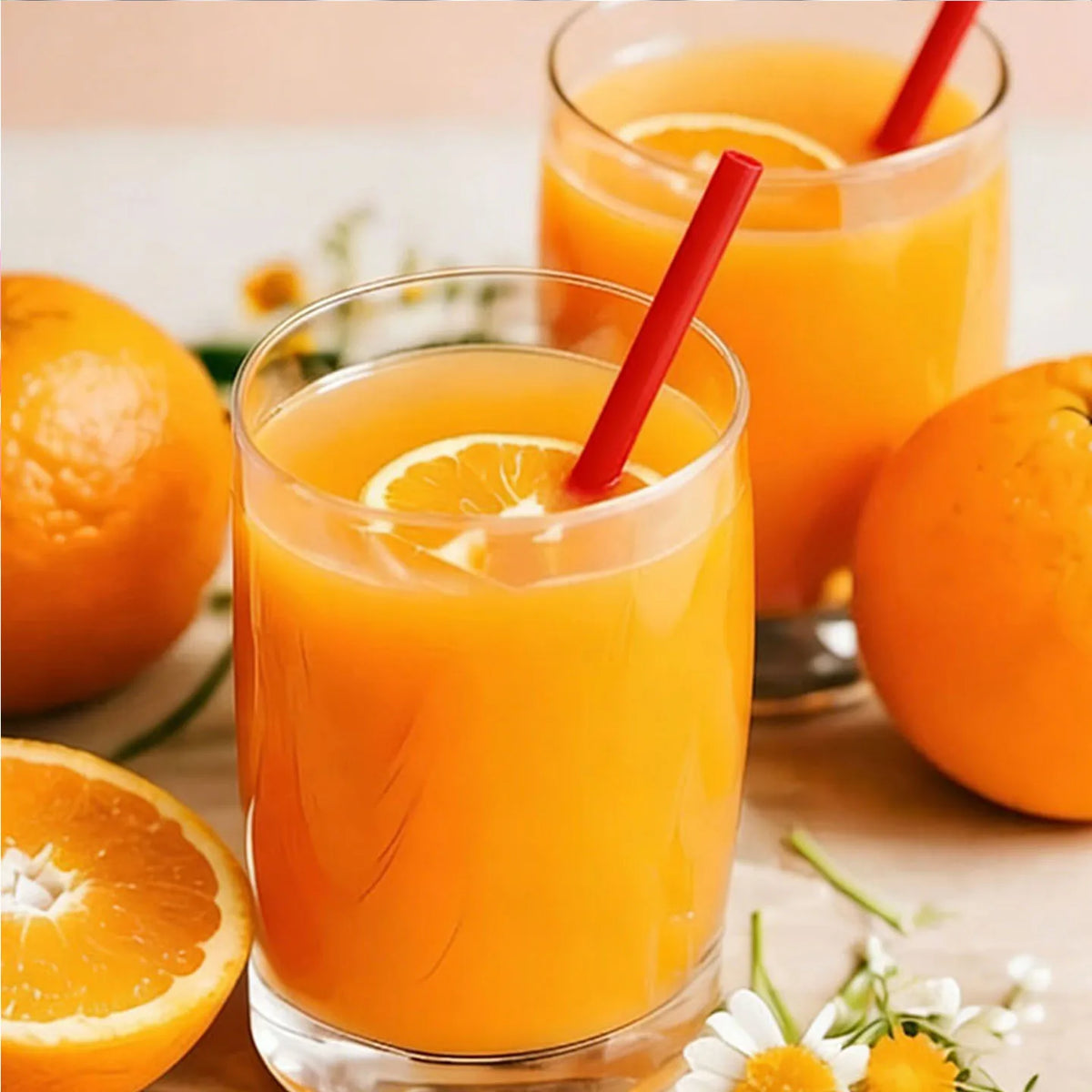 A glass of orange juice with a red straw and an orange fruit in the background.