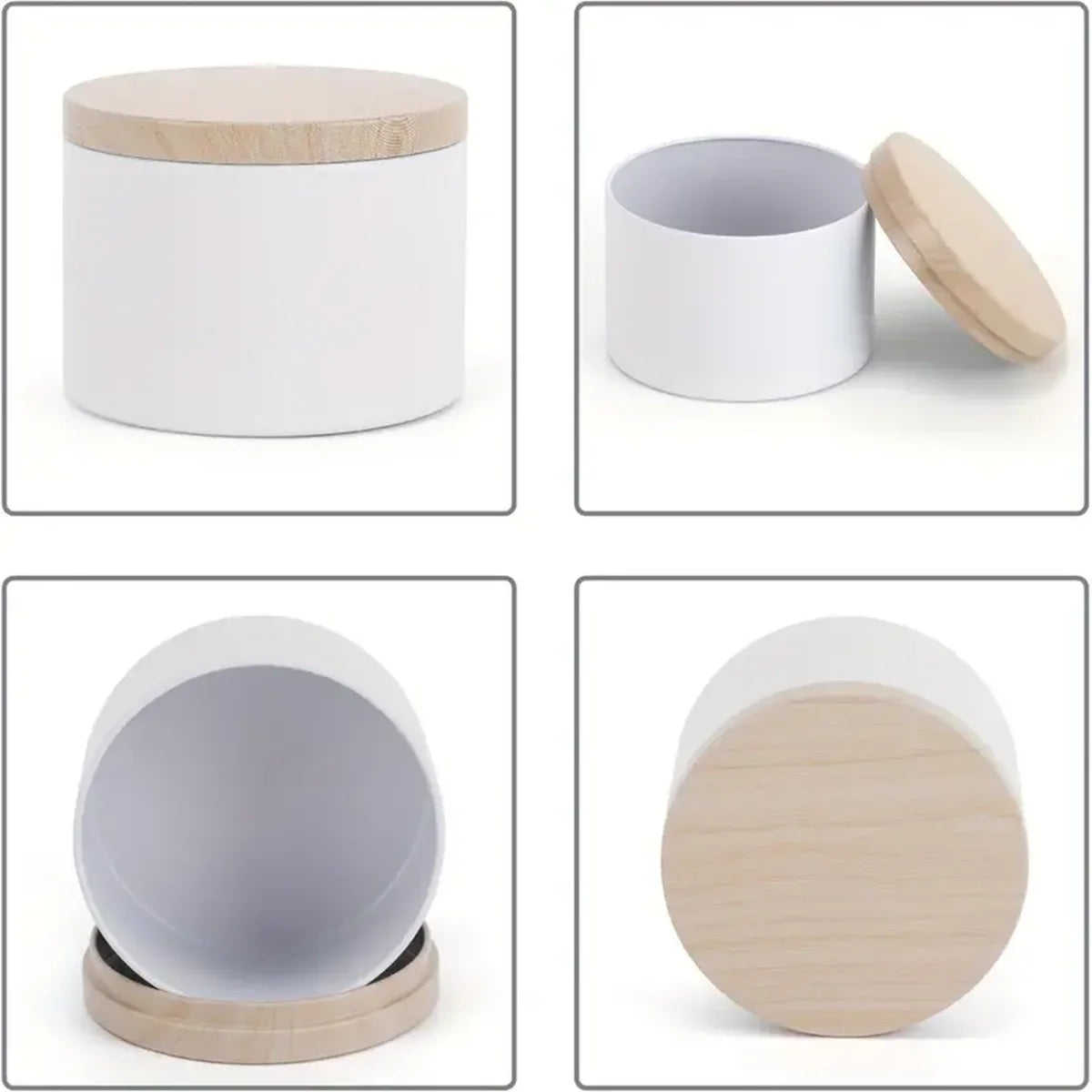 A set of white metal candle tins with natural wood lids shown in various angles.