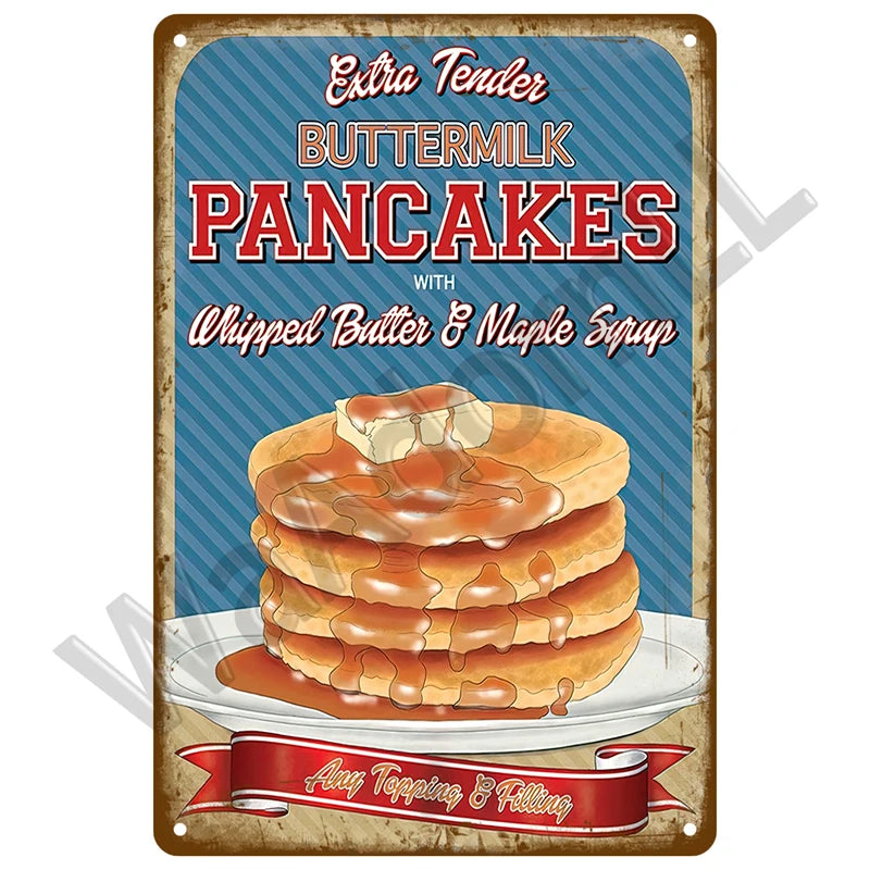 Retro diner wall art plaque advertising Extra Tender Buttermilk Pancakes with whipped butter and maple syrup