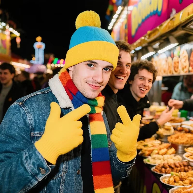 A man wearing a yellow knitted beanie, a colorful striped scarf, and yellow gloves, smiling at the camera.