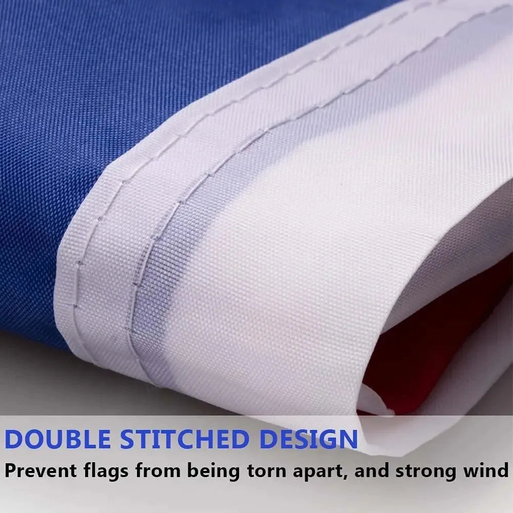 A close-up of a folded blue and white polyester flag with a double stitched design.