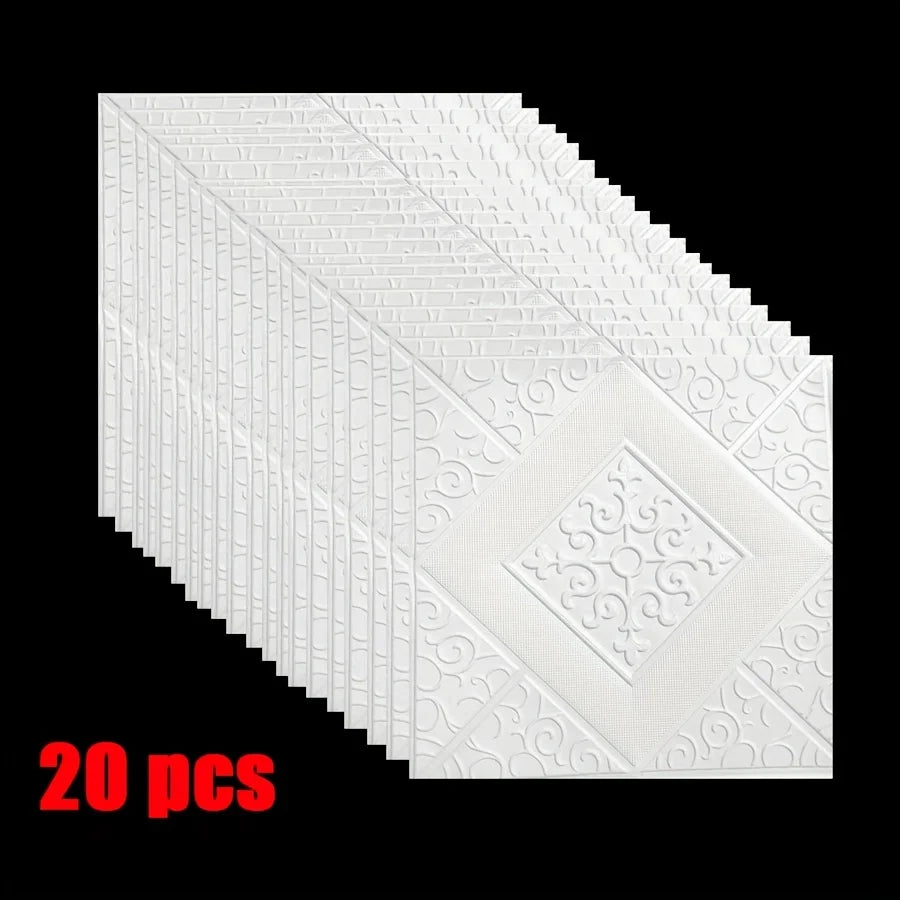 A stack of white 3D brick pattern self-adhesive wall panels in a diamond shape.