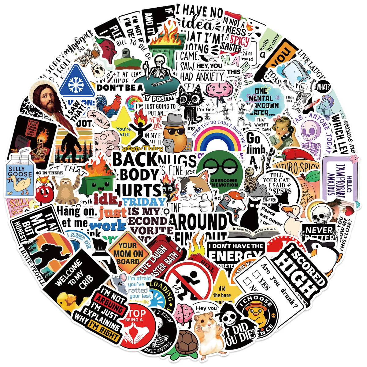 A circular collage of various humorous meme stickers featuring text and illustrations.
