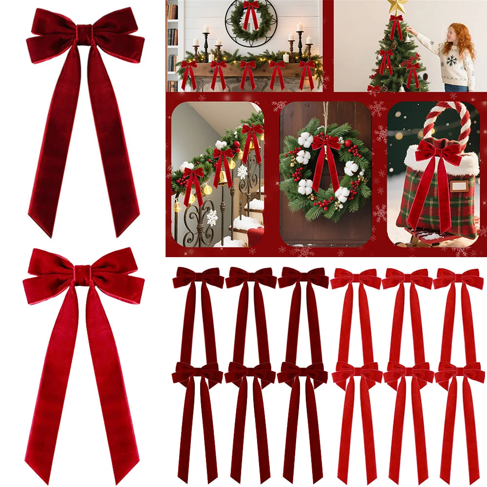 A set of velvet red Christmas bows for decorating trees, wreaths, and garlands.