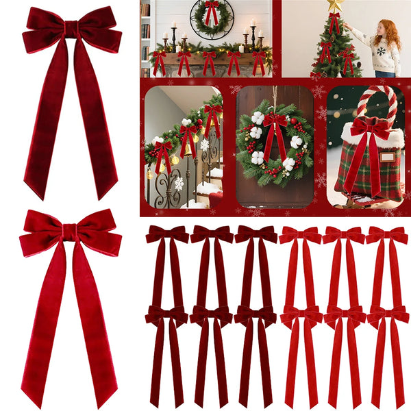 A set of velvet red Christmas bows for decorating trees, wreaths, and garlands.