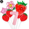 A set of nine pink and red strawberry-shaped balloons, including a large strawberry and a number balloon.