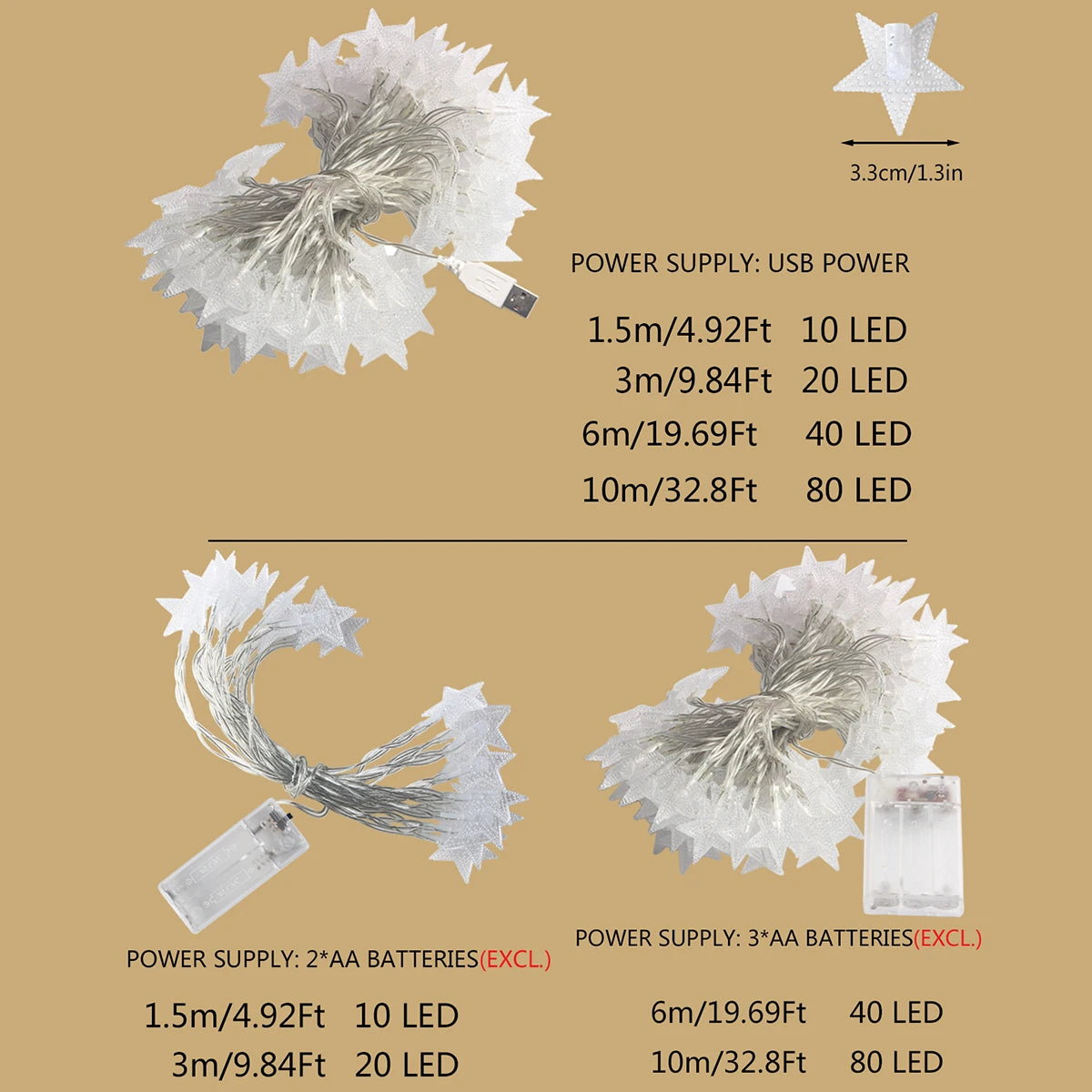 LED star fairy lights shown in various power supply options including USB and AA batteries
