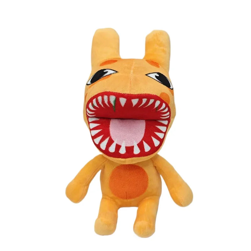 An orange plush toy featuring a wide open mouth showing sharp teeth and pink gums.
