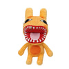 An orange plush toy featuring a wide open mouth showing sharp teeth and pink gums.