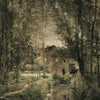A vintage oil painting depicting a river village scene surrounded by lush trees and foliage.