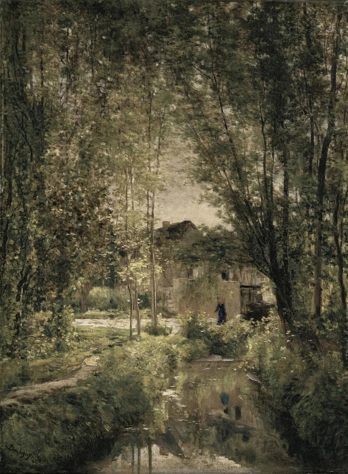 A vintage oil painting depicting a river village scene surrounded by lush trees and foliage.