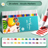 A set of 24 colored acrylic markers displayed in a plastic case with a white sheet of paper.
