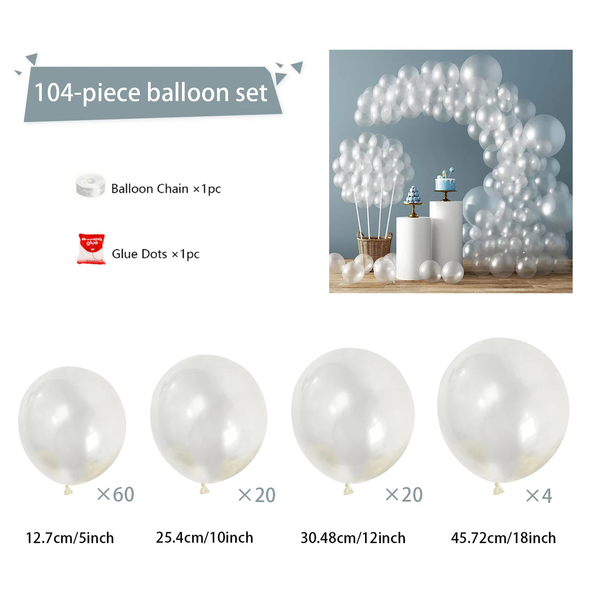 A set of 104 balloons, including a balloon chain and glue dots, used to create an arch decoration.