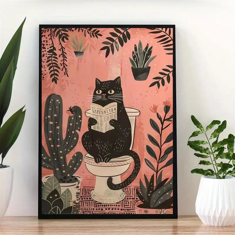 A framed poster featuring a black cat sitting on a toilet amidst various green and pink succulent plants.