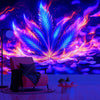 A vibrant neon cannabis leaf tapestry hangs against a dark purple and orange fiery background.