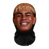 A realistic full-face cosplay mask featuring light blonde curly hair and dark skin.