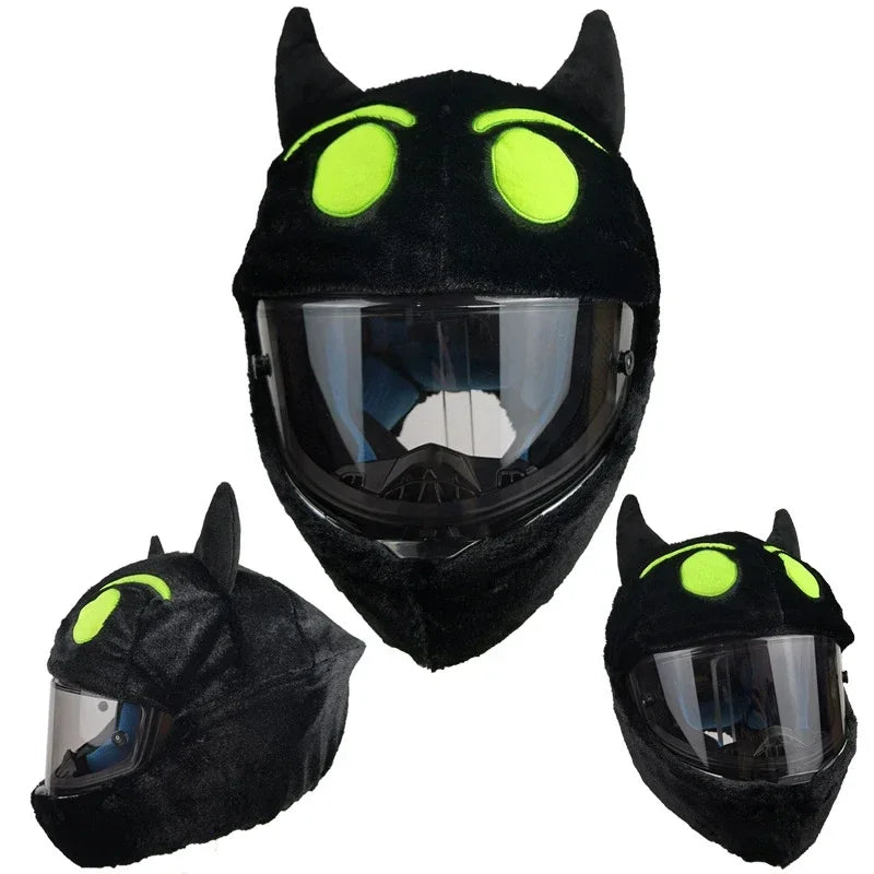 A black plush helmet cover with bright neon green accents, shown in multiple views.