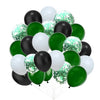 A bunch of balloons in black, white, and green with silver confetti for celebrations