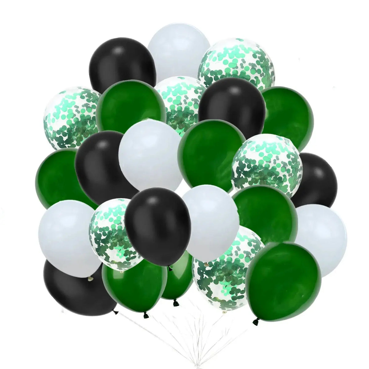 A bunch of balloons in black, white, and green with silver confetti for celebrations