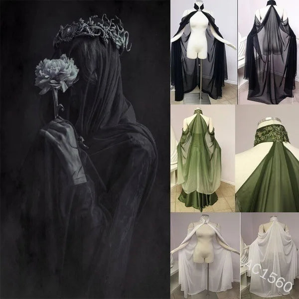 A collection of women's sheer chiffon capes and cloaks in black, green, and white for gothic, medieval, and fantasy costumes.