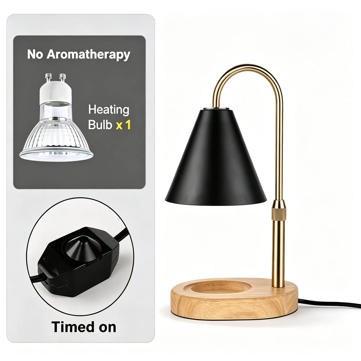 A black adjustable flameless candle warmer lamp with a brass finish and wooden base, shown next to its components.