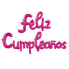 Pink foil lettering spelling Feliz Cumpleaños