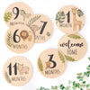 A collection of wooden signs marked with months and a welcome home message for newborn hospital keepsakes.