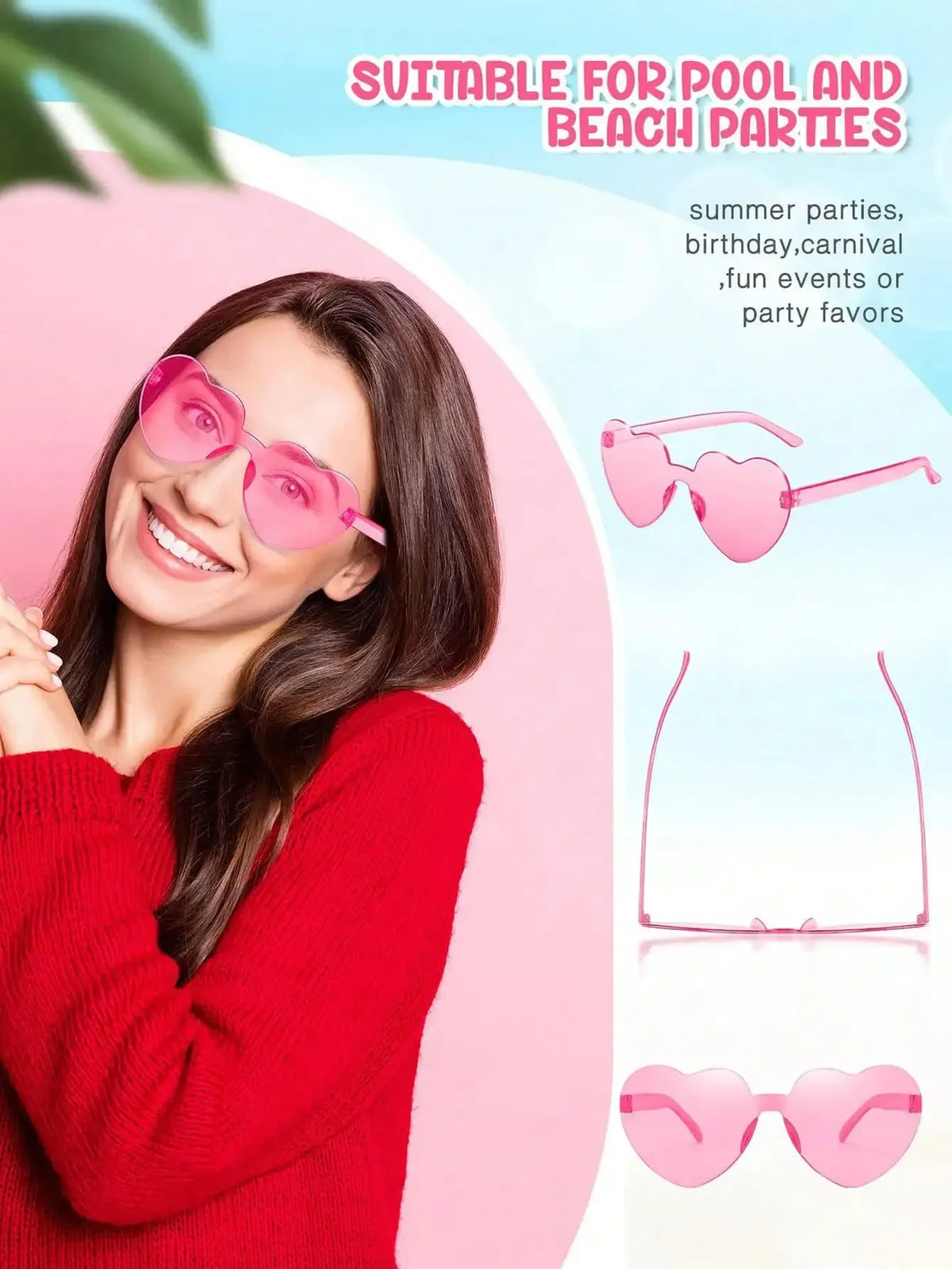 Pink heart-shaped rimless sunglasses shown on a woman, suitable for pool and beach parties.
