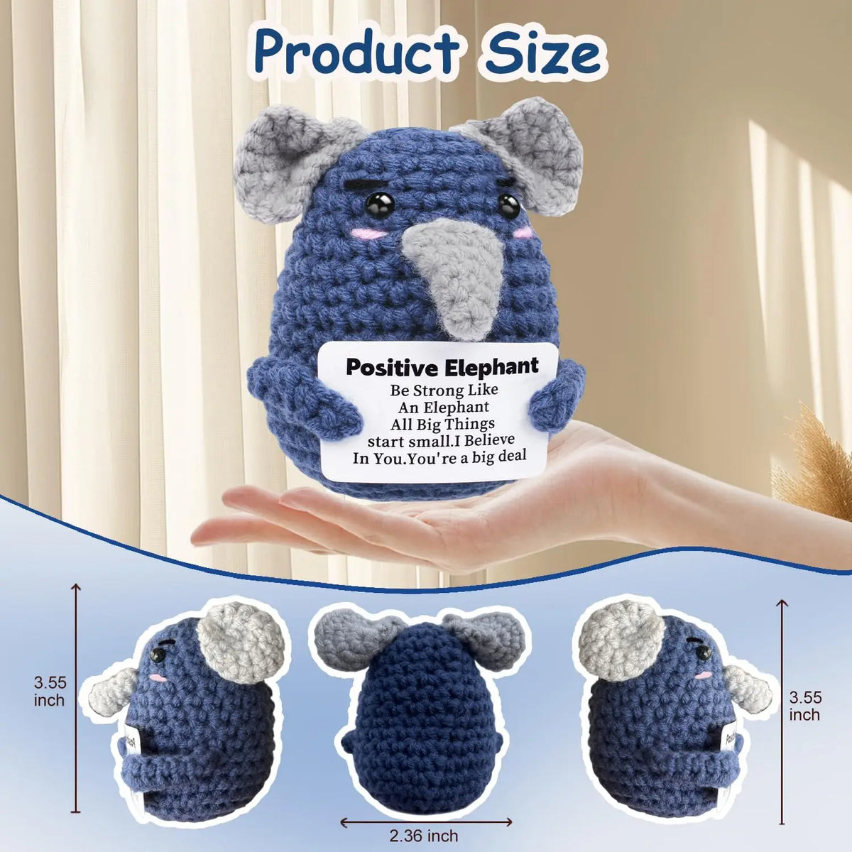 A handmade crochet elephant doll in blue and gray is shown being held by a hand, with size measurements provided.