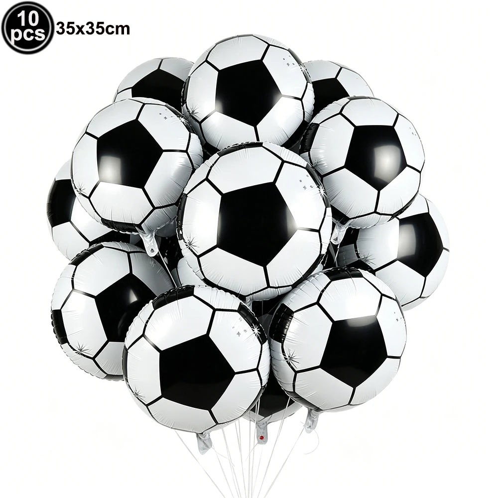 A bundle of ten black and white soccer ball balloons used for party decorations.