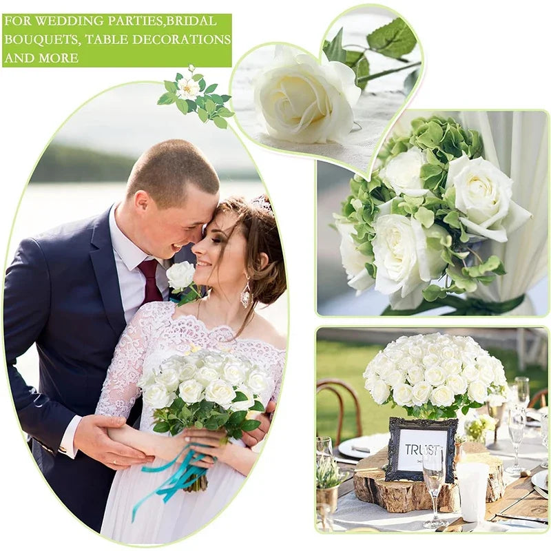 A bride and groom holding a white rose bouquet with green foliage for wedding parties and décor.