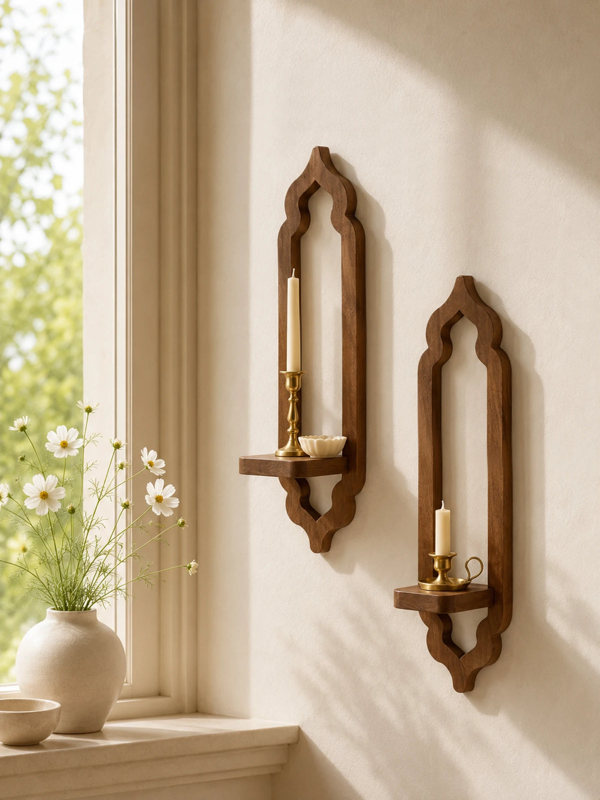 A rustic wooden arch wall shelf holds a white candle and a small bowl on a light-colored wall.