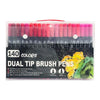 A set of 140 dual-tip brush pens in various colors, packaged in a clear plastic case.